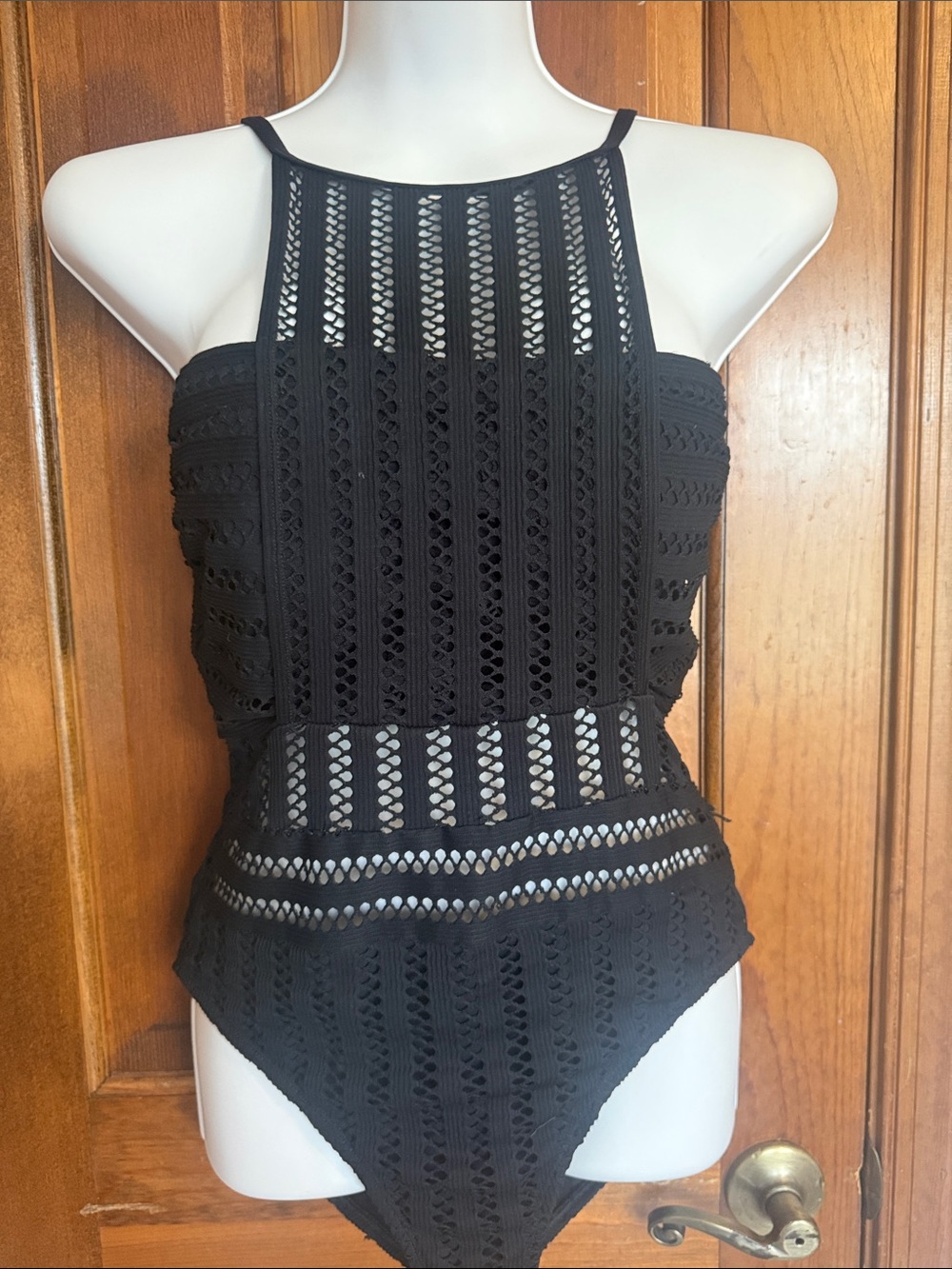 Kenneth Cole Black Crochet Halter Bodysuit